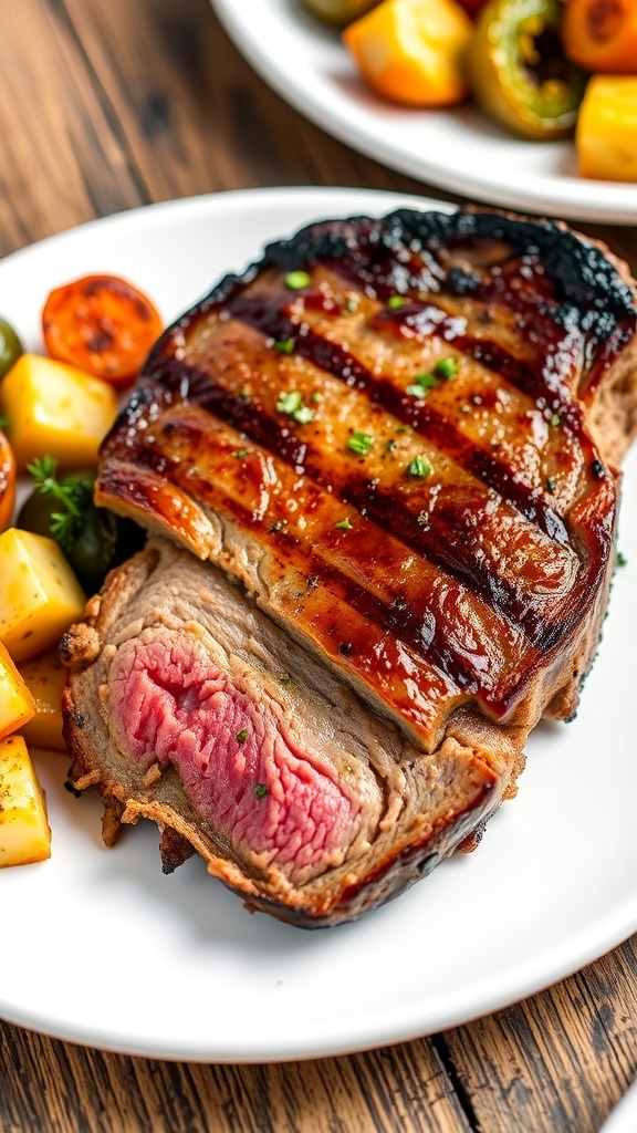 Juicy filet mignon steak garnished with herbs on a plate with roasted vegetables.